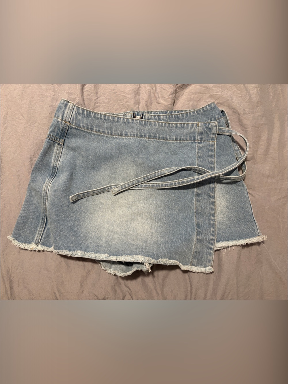 Altar'd State Light Blue Denim Wrap Skort with Frayed Hem